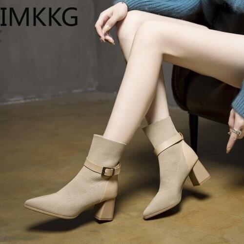Spring/Autumn Pointed Toe Joining together Square Heel Women Boots Fashion Buckle Ankle Boots Women Shoes Cheap High Heel Boots