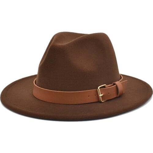 Fashion Classic Wide Brim Floppy Panama Hat Belt Patchwork Colors Buckle Wool Fedora Hat Church Derby Cap