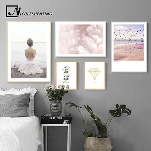 Nordic Girl Feather Canvas Poster Diamond Motivational Wall Art Print Landscape Painting Decorative Picture Modern Home Decor