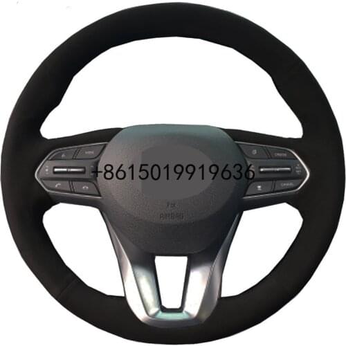 Car Steering Wheel Cover DIY Hand-stitched Black Suede For Hyundai Santa Fe 2019 2020
