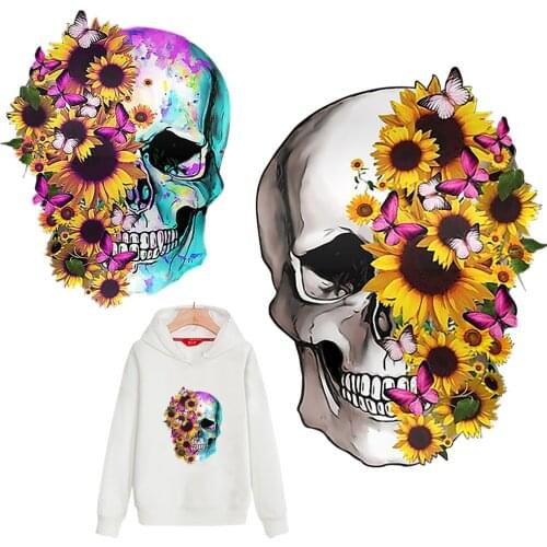 Iron On patches For Clothing Flower Skull Heat Transfer Vinyl Sticker Print-on Women T-shirt Diy Clothing Accessories Washable