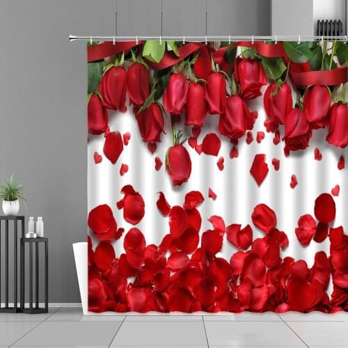 Red Rose Flower Petal Shower Curtain Roses Heart Cartoon Couple Cat Bath Curtains Valentines Day Home Bathroom Decor Waterproof