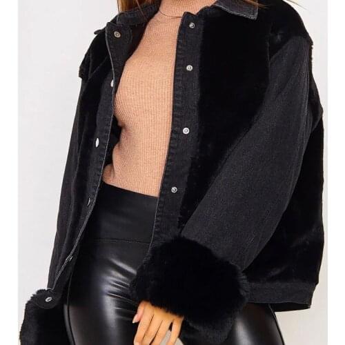 2021 Fall / Winter Collection Women Clothing Collared Single Breasted Drop Shoulder Pocket Front Color Block Jeans & Teddy Coat