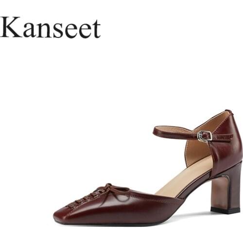 Kanseet High Heels Genuine Leather New Women Shoes Butterfly-Knot Handmade Sandals 2021 Summer Buckle Strap Shoes Big Size 43