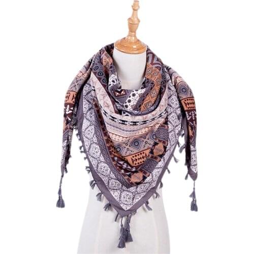 Boho Scarf Women Winter Cotton Blends Neck Wrap Long Warm Scarf Ethnic Print Triangle Tassel Multi-purpose Shawl Scarf