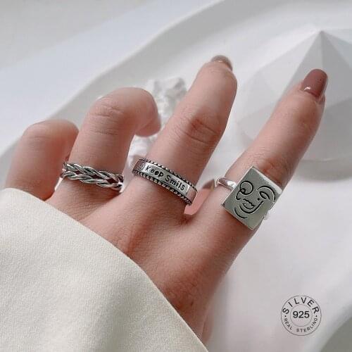 925 Sterling Silver Rings For Women Face Chain Smile Letter Geometic Couple Engagement Jewelry New Trendy Party Accessories Gift