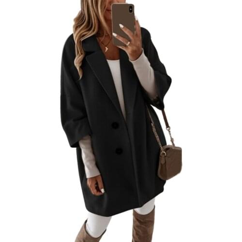 Women 3/4 Sleeve Solid Color Faux Wool Coat Lapel Buttons Loose Midi Outerwear