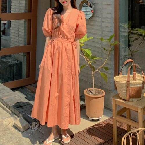 Johnature Korean V-neck Waist Tie Loose Women Dresses 2021 Summer New Solid Color Puff Sleeve Female Dress 3 Colors