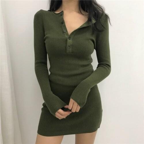 2019 knitted sweater bodycon winter dresses women autumn v neck long sleeve sexy Above midi dresses elastic slim party dress