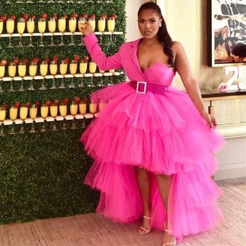 2021 Pink Runway Dresses One Shoulder Women Prom Dresses Evening Party Robe De Soiree Formal Evening Gowns Abiye Gece Elbisesi