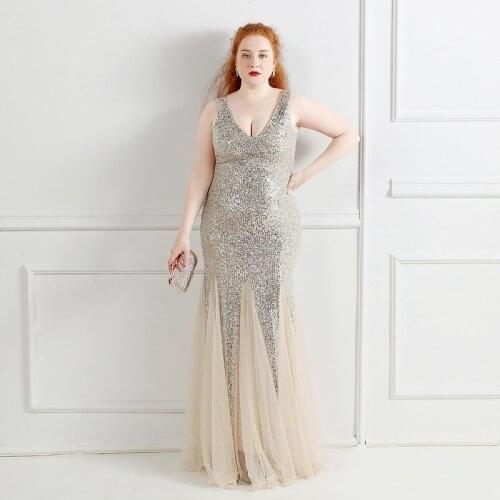 New V-Neck Evening Dress Sleeveless Sequins Pleat Floor-Length Fashion Empire A-Line Simple Plus Size Women Formal Gowns D1268