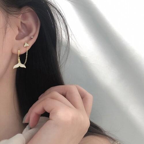 1Pcs Gothic Punk Fish Tail Shell Chain Earrings For Women/Girl 2 Ear Hole Piercing Crystal CZ Stud Earrings Link Chain Jewelry