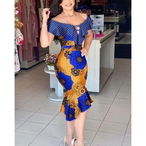 African Dresses for Women 2021 Summer African Women Short Sleeve Printing Polyester Dress African Clothes Women