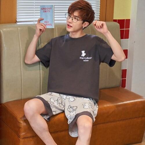 Homewear Summer Men Pajamas Sets Simple Cotton Short Sleeve Nightwear Oversized Loose Cartoon Shorts Home Suit Sleepwear Male