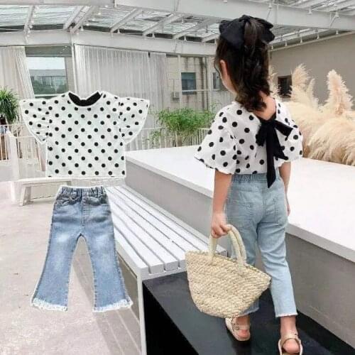 Girls Jeans Flared Pants Polka Dot Shirt Suit Baby Girl Outfit Set Denim Trousers for Children Clothing 1 3 5 7Years