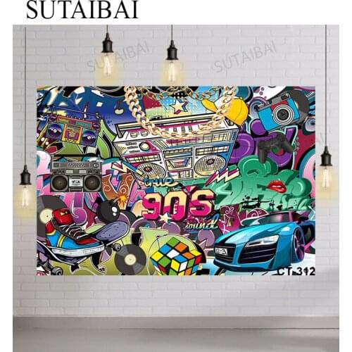 90s Disco Party Backdrop Rubiks Cube Skateboard Recorder Sports Car Photography Background Photophone Photocall Photozone Props