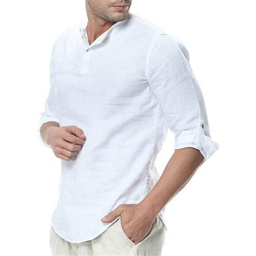 2019 Hot Men Solid Cotton Linen Long Sleeve Daily Street Shirt Summer Popular Basic Casual V Neck Tops Shirt Multicolor M-3XL