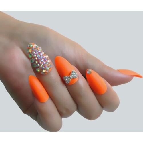 Frosted Pointed Coffin Fake Nails Hand Customized Flash 3D Rhinestone Orange Fake Nail Manicure Square Art Pressing on Nails 24P