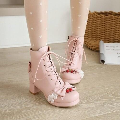 Sweet Womens Lolita Bowtie Lace Up Ankle Boots Block Heel Shoes Big SZ 34-48 Match Colors Mary Jane