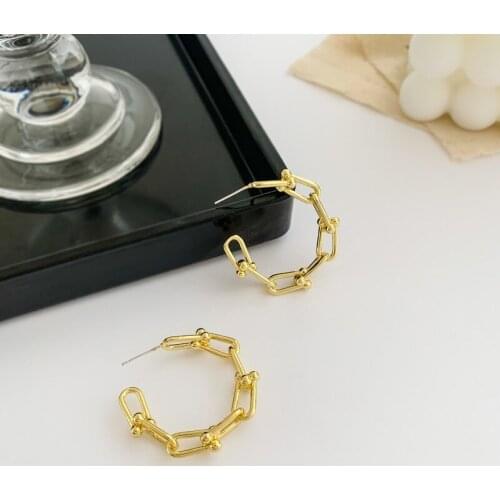 Minar Minimalist Gold Color Chunky Cuban Chain Earrings for Women Simple Metal Hollow Beads Wide Curb Link Open Hoop Earrings