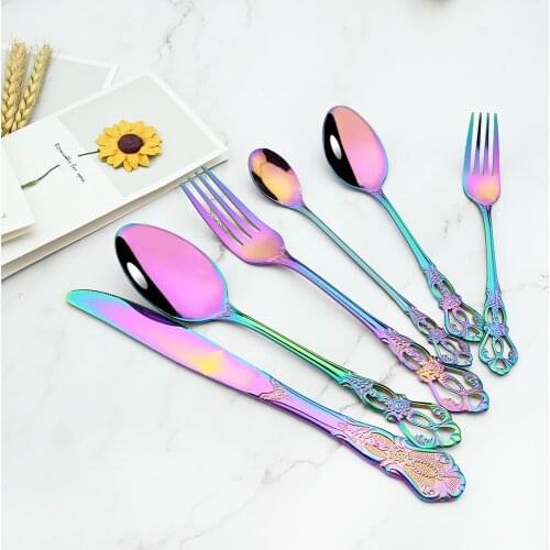 Rainbow Dinnerware Mirror Cutlery Set Stainless Steel Royal Teapoon Fork Knife Kitchen Western Dinner Silverware Tableware Gift