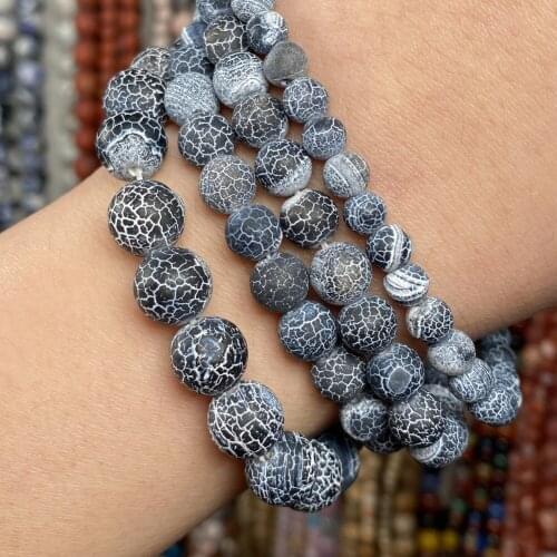 Natural Stone Black Frost Cracked Agates Onyx Beads Round For Jewelry Making Diy Bracelet Charm Accessories 4-12mm 15