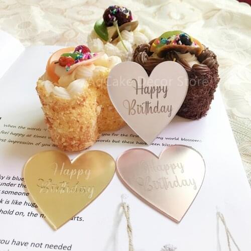 New Love Circle Hexagon Happy Birthday Acrylic Cupcake Topper Golden Cake Topper For Wedding Birthday Party Cake Decoration
