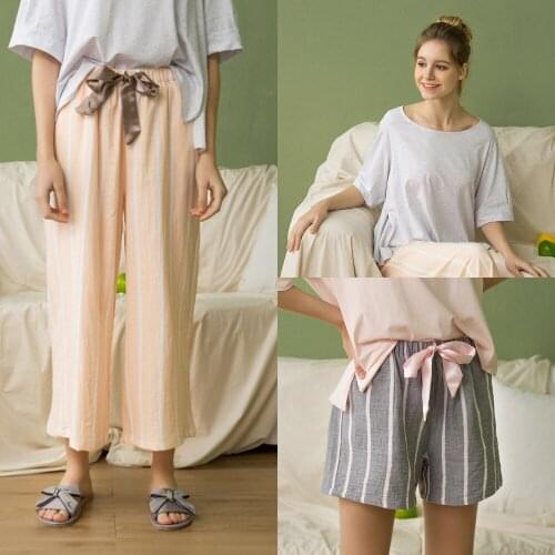 New Spring and Summer Silk Cotton Suit Short-sleeved Shorts Trousers Womens Pure Cotton Yarn-dyed Pajamas Home Service Pajamas