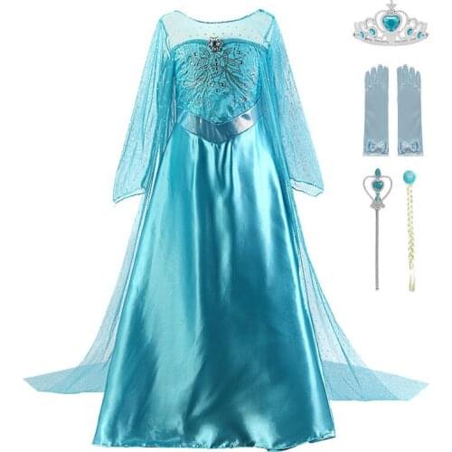 Girls Elsa Dress Girl Party Princess Dress Baby Girls Summer Elegant Long Sleeve Blue Dresses Kid Halloween Birthday Party Dress