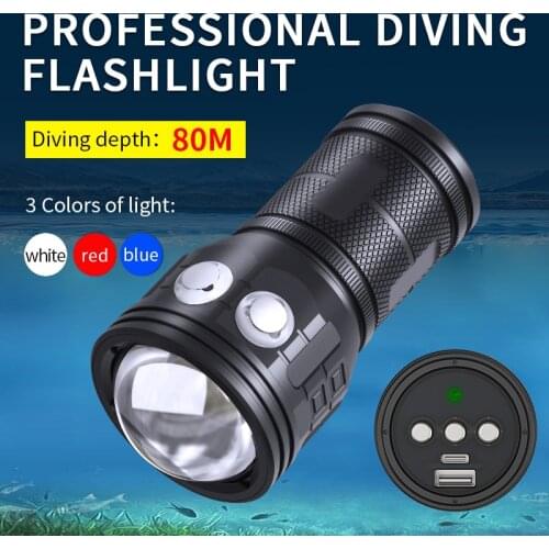 12800mah Underwater Diving Light Professional Photography White Blue Red Flash Light Powergul 18650 Torch Spherical bracket