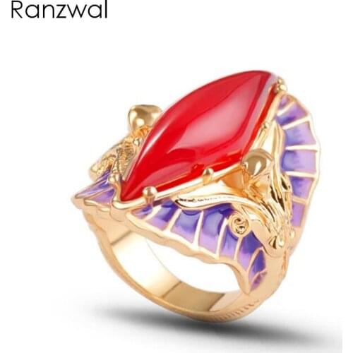 Ranzwal Personalized Purple Enamel Rings for Women Inlaid Red Blue Stone Vintage Jewelry US SIZE 6~9