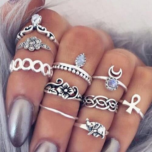 RscvonM 10pcs/Set Silver Color Gold Color Flower Midi Ring Set for Women Boho Beach Vintage Turkish Punk Elephant Knuckle Rings