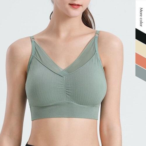 Sexy V-Neck Sports Bra Women Tight Push Up Padded Brassiers Seamless Shockproof Tank Tops Mesh Patchwoek Breathable U-Back Vest