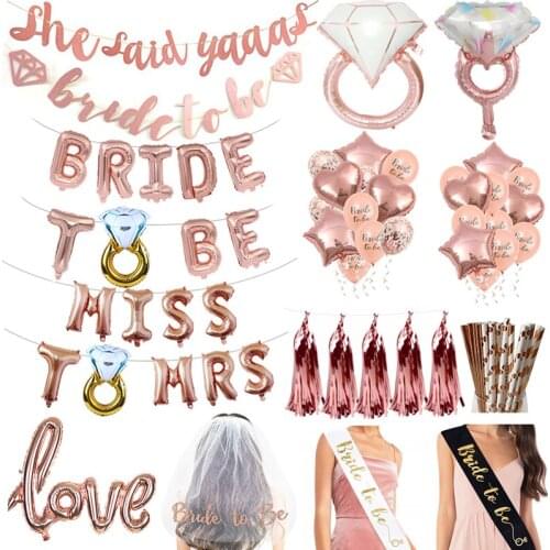 Wedding Decorations Rose Gold Bride To Be Balloons Veil Sash Bridal Shower Bachelorette Badge Bachelorette Party Supplies