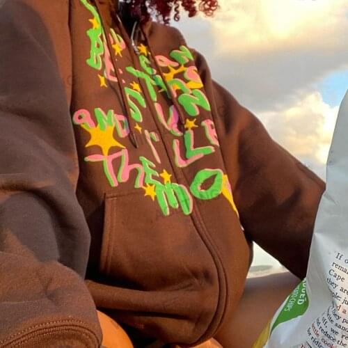 Vintage brown graffiti zip-up hoodie y2k aesthetic graphic print long sleeve sweatshirt 90s streetwear punk E-girl outerwear