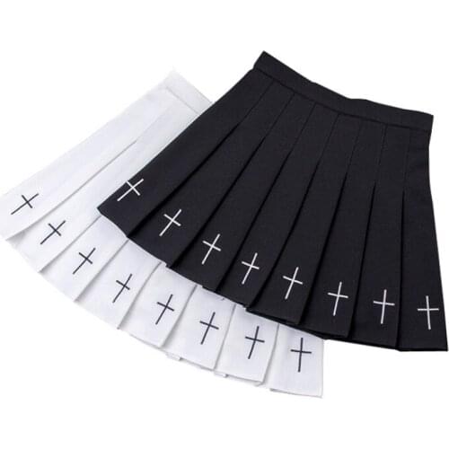 Gothic Girls Punk Cross Embroidery Skirts Womens Summer Women High Waist Mini Skirt Female Harajuku Black White Pleated Skirt