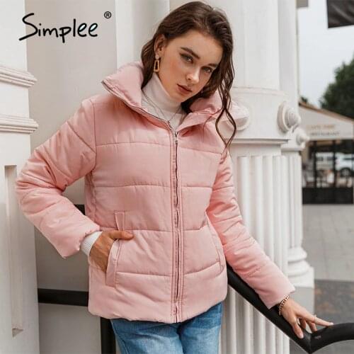 Simplee Warm pink autumn winter turtleneck parkas 2020 Causal pocket long sleeve women outwear New fashion windproof parkas
