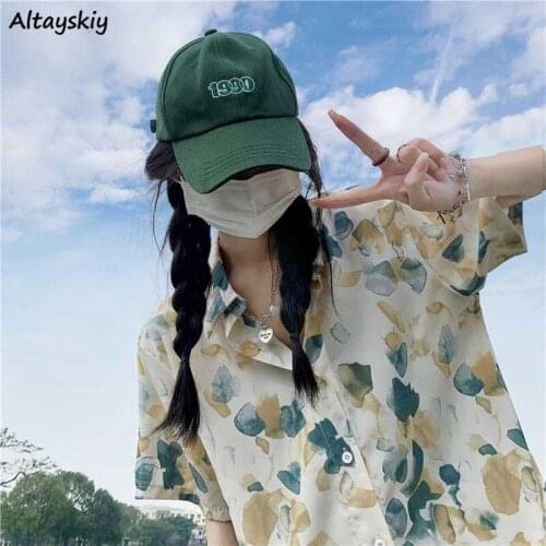 Shirts Womens Print Korean Style Summer Loose Trendy Casual All-match Retro Tops Single Breasted Femme New Popular Streetwear
