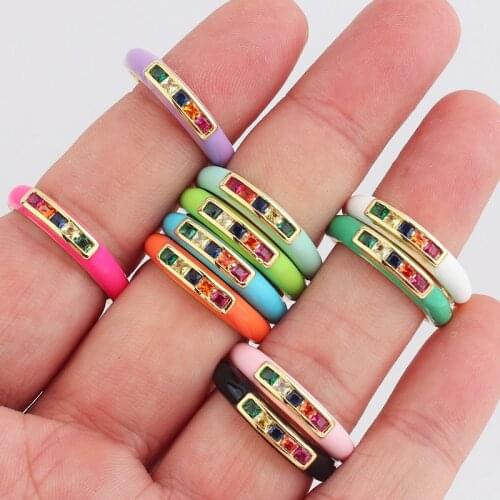 Rainbow Enamel Dripping Oil Zircon Ring For Women, Adjustable Copper Gold Plated Candy Color Rings Party Jewelry Gift
