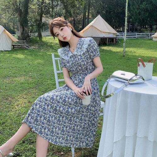 New Peter Pan Collar Printted Dress Female 2021 Summer Women Short Sleeve Hight Waist Draped Slim A-Line Mid-length Dress