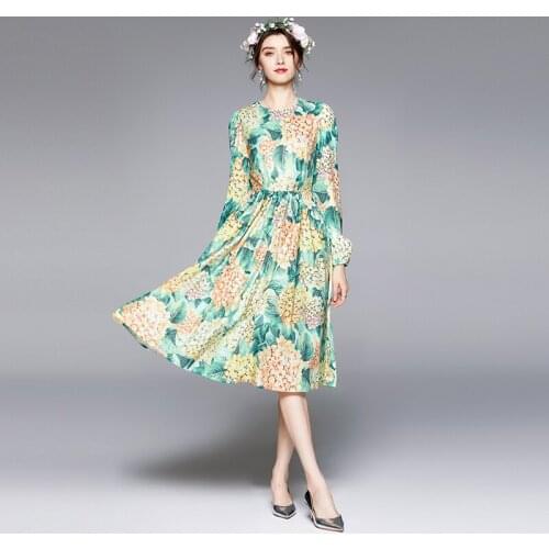 JSXDHK Summer Flower Holiday Beach Midi Dress Runway Elegant Women Hydrangea Floral Print Long Sleeve Bohemian High Waist Dress
