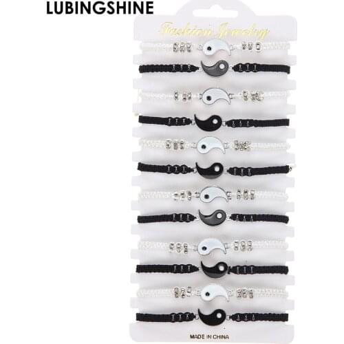 12Pcs/Set Yin Yang Tai Chi Charm Bracelets Metal Black White Cord Woven Rope Bracelets For Women Men Couple Jewelry Gifts
