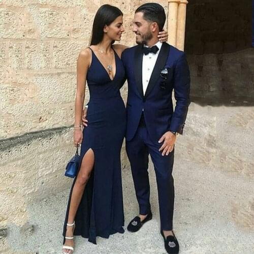 Black Shawl Lapel Navy Blue Groom Tuxedos Men Suits for Wedding Suits Men Blazers Costume Homme Evening Party 2Piece(Coat Pants)