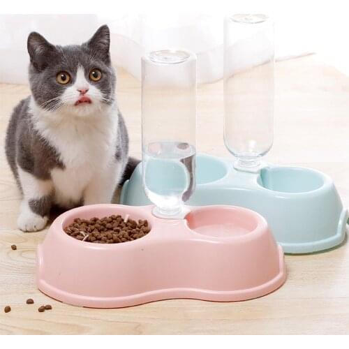 Pet Double Bowl With Drinking Bottle Round Plastic Automatic Water Drinking Fountain Food Dish Feeder Cat Dog Feeding Supplies