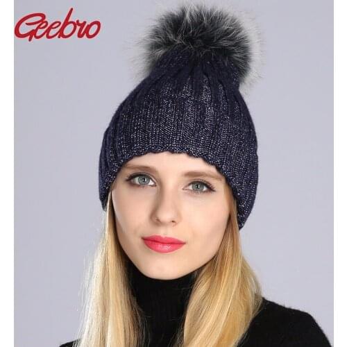 Geebro Winter Womens Beanies Hat Casual Warm Knitted Beanies With Real Fur Pom Pom Ladies Raccoon Fur Pompons Skullies Hat