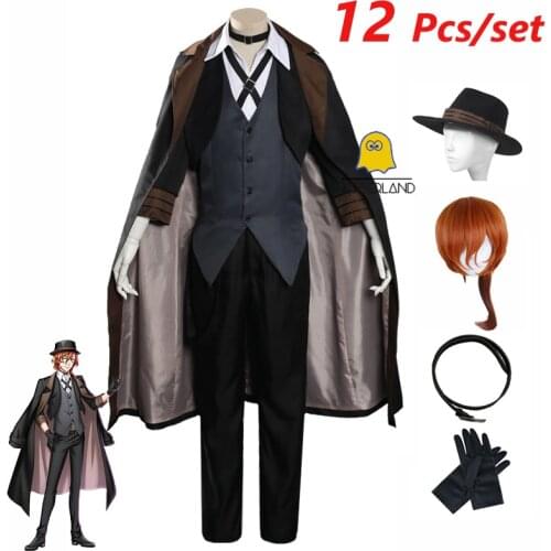 12 PCS Chuya Nakahara Cosplay Costume Orange Wig Bungou Stray Dogs Port Mafia Member Uniform Anime Suit Halloween Outfit Adults