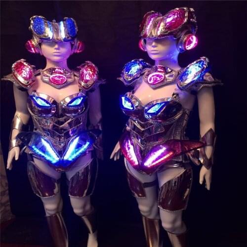 KS09 Ballroom dance led light costumes colorful light dj bodysuit women robot suit armor mirror dress clothe perform wears head