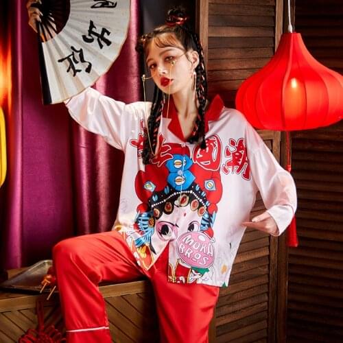 Summer Pajamas Plus Size Women Sleepwear Chinoiserie Sexy Pajama Set The Tide High Quality Imitated Silk Fabric Cartoon