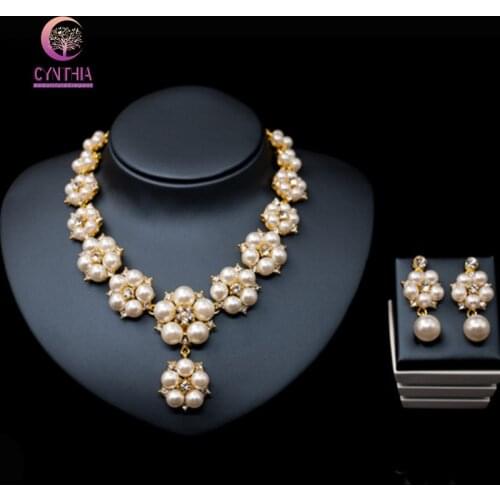 Trendy Indian Jewellery Wedding Party Accessories Gold Color Bridal Necklace Earrings Pearl Jewelry Set For Brides Decoration