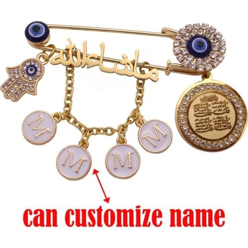 Customize name four Qul suras hamsa hand of fatima Mashallah Stainless Steel brooch Baby Pin